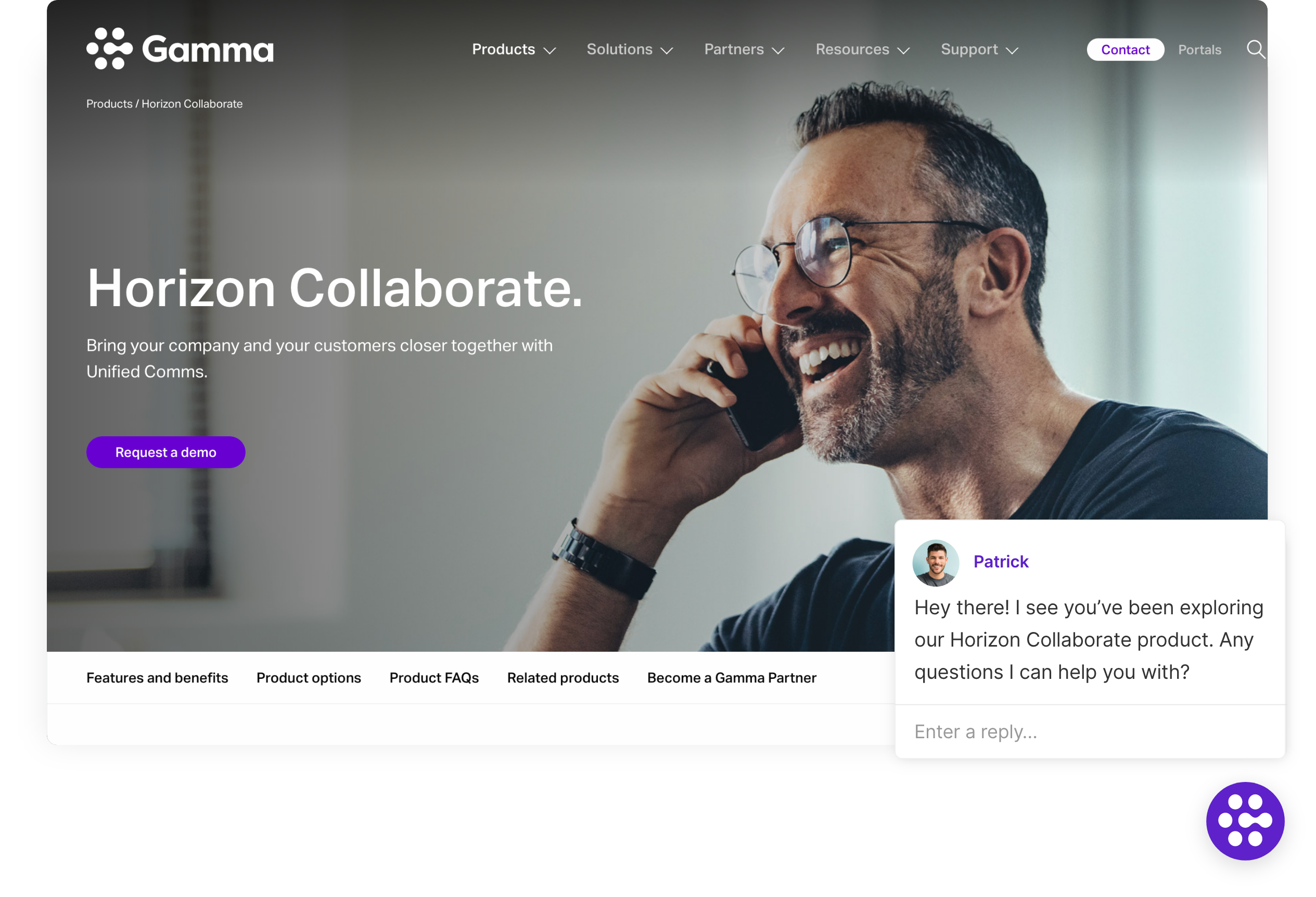 Gamma welcomes qualified visitors with an invitation to have a real-time sales conversation